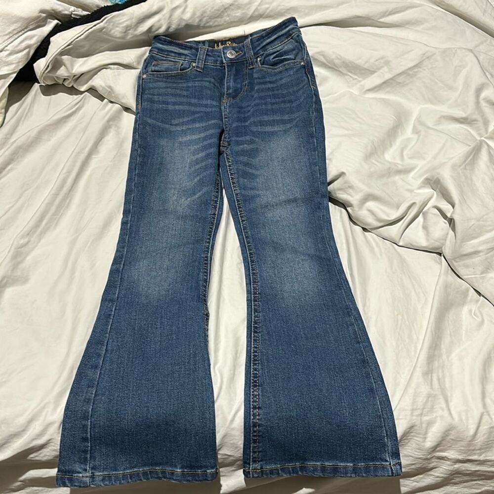 Indigo Rein 7 denim blue jean adjustable waist flare bell bottom distressed nwot